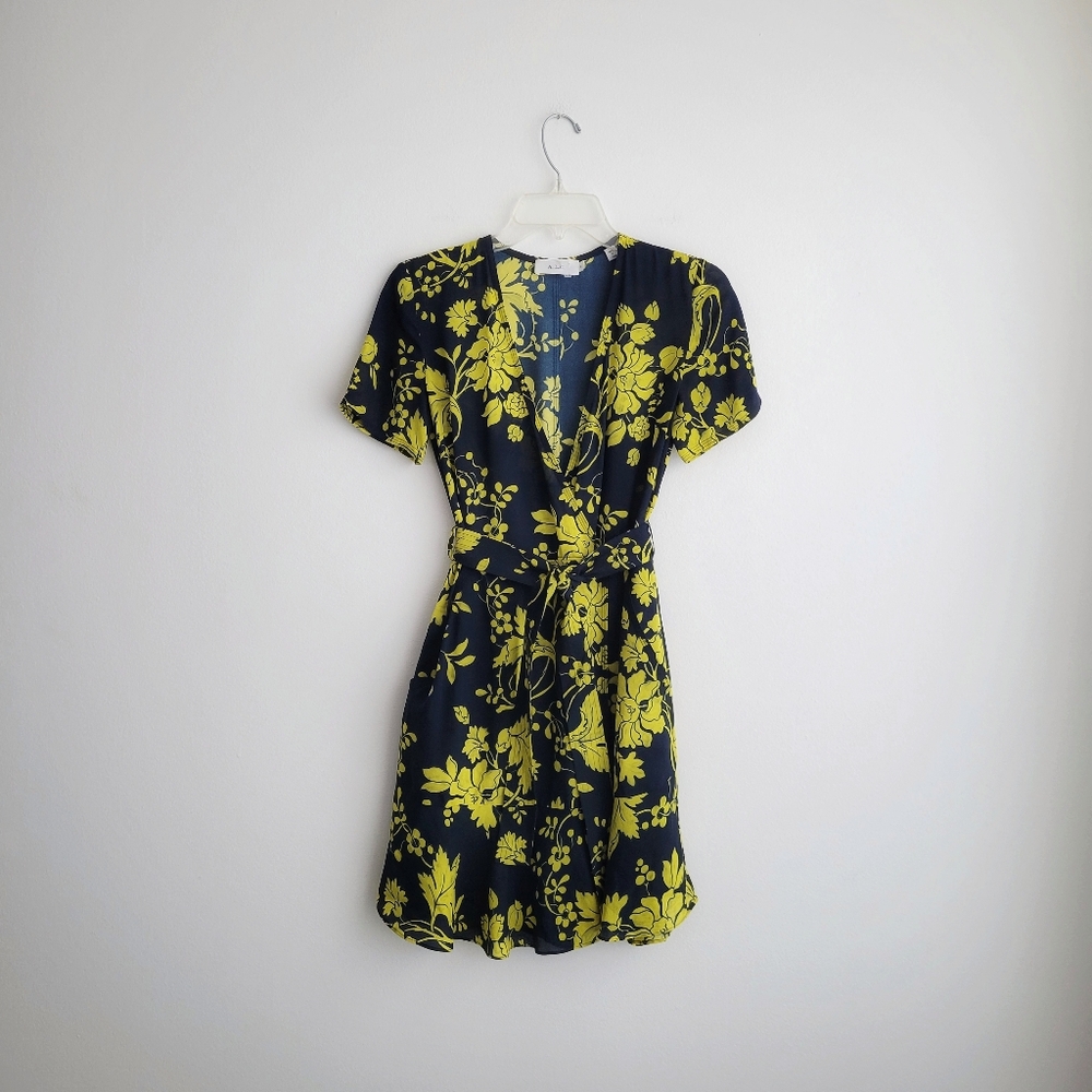 A.L.C. Silk Navy and Yellow Floral Mini Belted Wrap Summer Brunch Dress